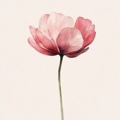 A delicate watercolor painting of a pink flower, showcasing its soft petals and graceful stem against a light background.