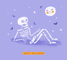 Funny Hand Drawn Halloween Vector Card. Funny Skeleton Chilling and Lying on the Ground, Looking at a Moon. Skeleton and Bats on a Violet Background. Infantile Drawing-like Halloween Print. 