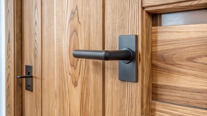 Sleek wooden door with a modern black handle.