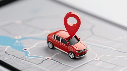 Red car model with GPS pin on digital map interface. Ideal for navigation or travel technology concepts.