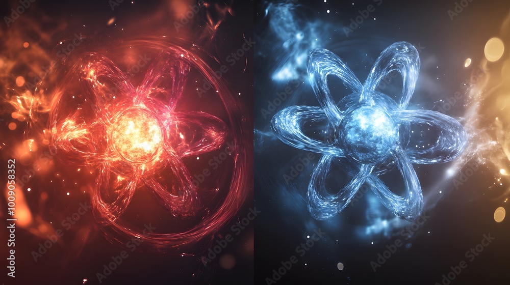 Poster a split the same element with varying atomic masses, represented by futuristic isotopic forms shifti