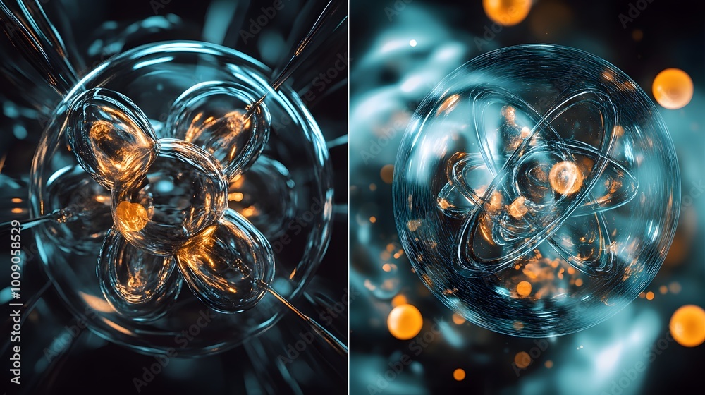 Poster a split the same element with varying atomic masses, represented by futuristic isotopic forms shifti