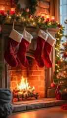 A cozy fireplace adorned with stockings hung on the mantel, radiating warmth and holiday spirit. The inviting flames create a comforting ambiance, perfect for family gatherings during the festive seas