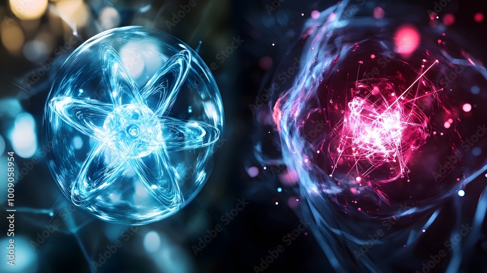 Poster a split the same element with varying atomic masses, represented by futuristic isotopic forms shifti