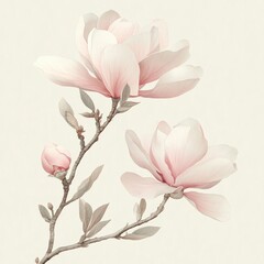 Obraz premium Delicate pink magnolia flowers gracefully bloom against a soft, neutral background, embodying beauty and tranquility.