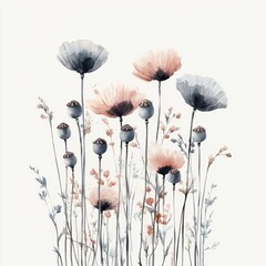 Delicate watercolor flowers showcasing soft pink and blue tones, perfect for adding a serene touch to any design project.