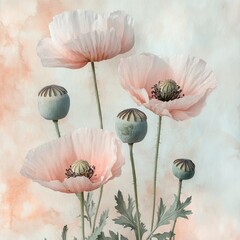 Soft pink poppies blooming against a gentle pastel background, capturing the essence of nature's beauty and tranquility.
