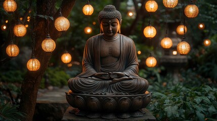 Fototapeta premium Buddha Statue in a Garden with String Lights