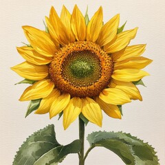 Vibrant sunflower with golden petals and green leaves, symbolizing joy and warmth, perfect for nature-themed projects.