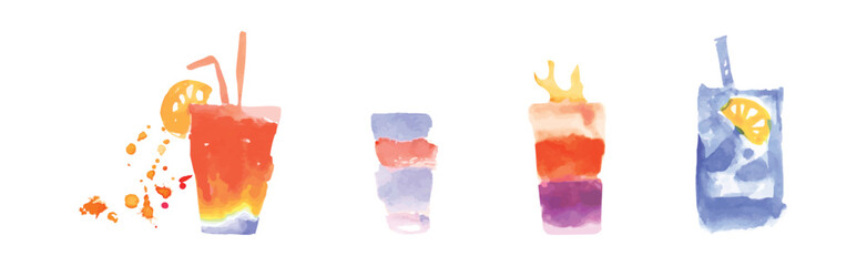 Cocktail Watercolor Drink in Glass with Straw Vector Set