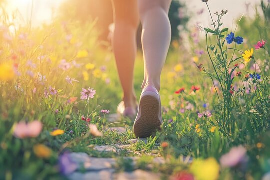 Beautiful girl walking barefoot on a field path