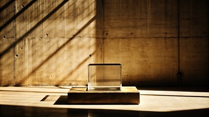 Minimalist room with a glass sculpture and warm lighting.
