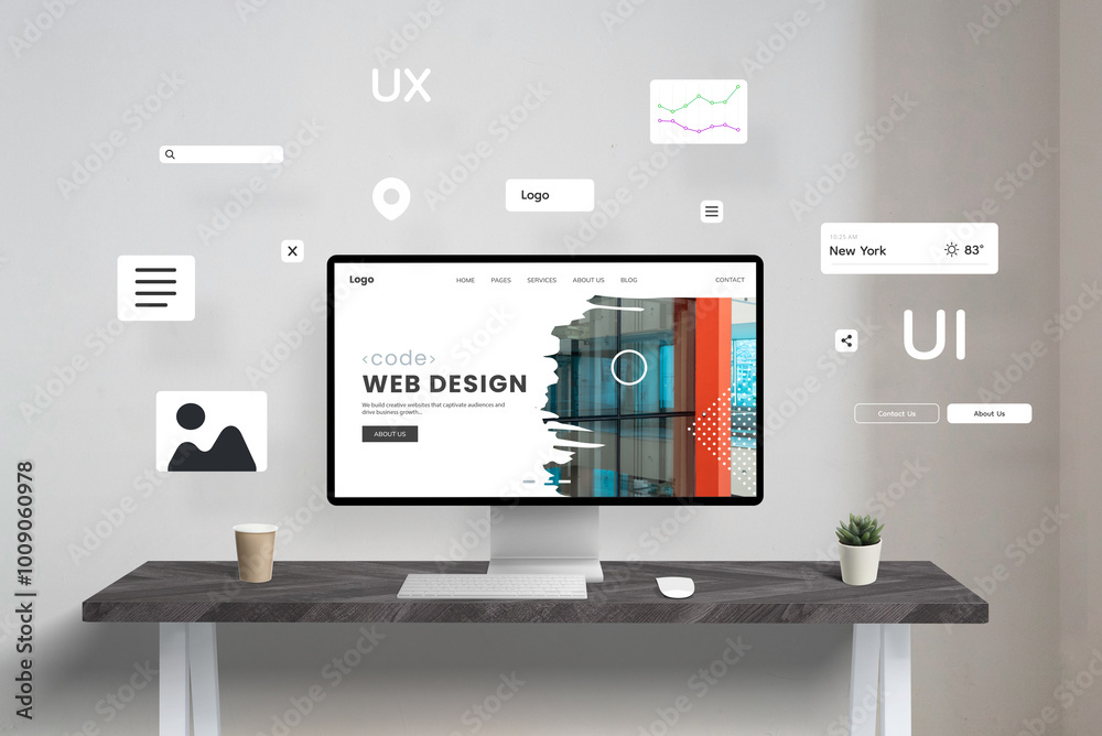 Poster Web design studio creating a page with modules and plugins. Concept of content management system for easy website creation from home using digital tools