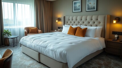 Luxurious Sanctuary of Repose: Where Opulent Comfort Meets Panoramic Urban Vistas in a Symphony of Warmth and Sophistication