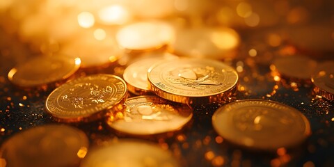 Close-up of shiny gold coins forming a pile, showcasing warm golden tones and metallic texture. Soft focus enhances the wealth imagery and financial concept.