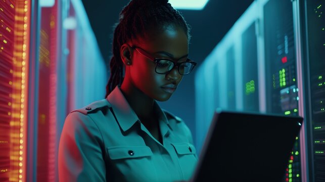 Black Female IT Worker in Uniform Utilizing Laptop in Server Room with Focused Expression