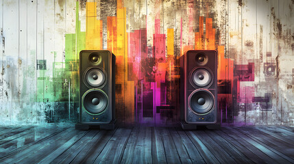 Two large speakers standing in front of a colorful, graffitied wall.