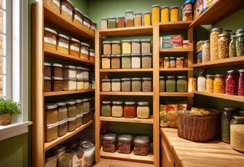 vibrant organized food pantry shelves brimming essentials colorful dry goods ready use, storage, grains, jars, cans, labels, containers, wellness, nutrition