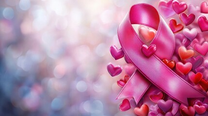 Fototapeta premium Pink ribbon and hearts symbolize hope and support.