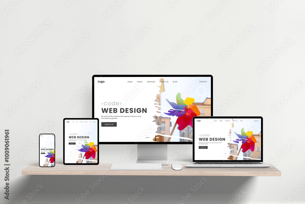 Poster Responsive web design studio page displayed across laptop, phone, tablet, and computer on office desk. Showcasing cross-device functionality and modern presentation for professional web development