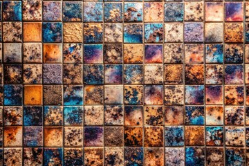 Colorful mosaic tiles creating a vibrant wall pattern.