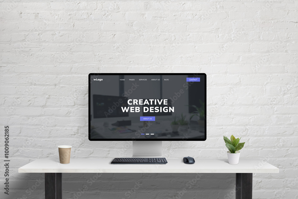 Aufkleber Clean creative web design page from code studio displayed on a computer at a tidy office desk with coffee and plant, set against a brick wall background. Modern workspace for developers
