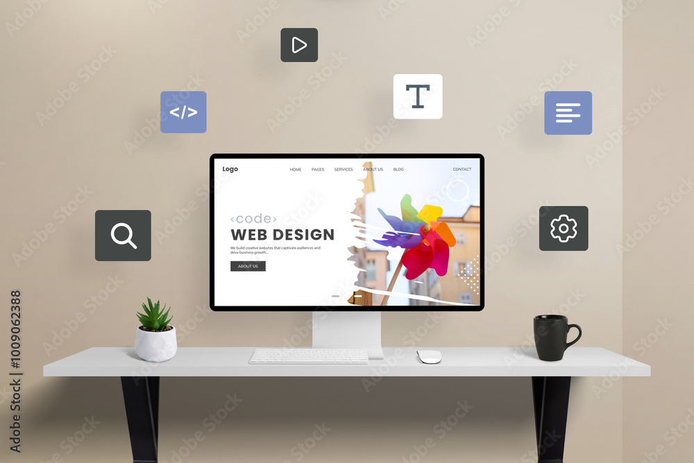 Poster Computer display featuring web page modules flying around a web design studio page, illustrating the dynamic process of website creation