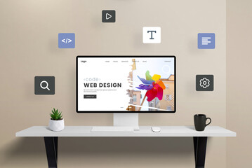Computer display featuring web page modules flying around a web design studio page, illustrating...