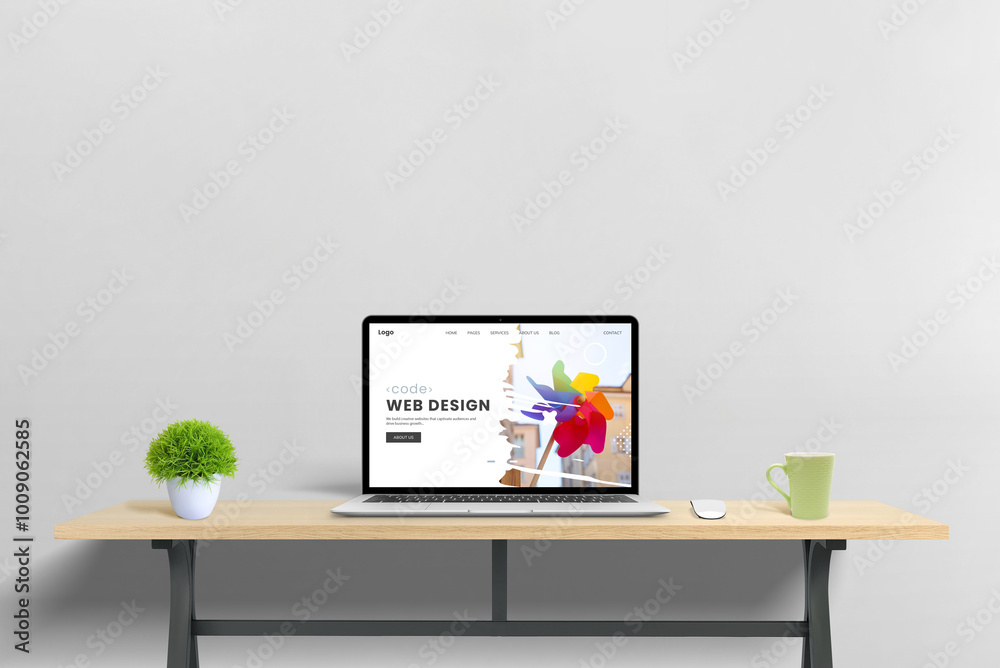 Poster Laptop computer showcasing a web design studio page presentation, representing the concept of modern web development
