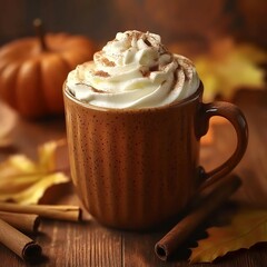 A mug of pumpkin spice latte with whipped cream and cinnamon sits on a wooden table with fall leaves and cinnamon sticks
