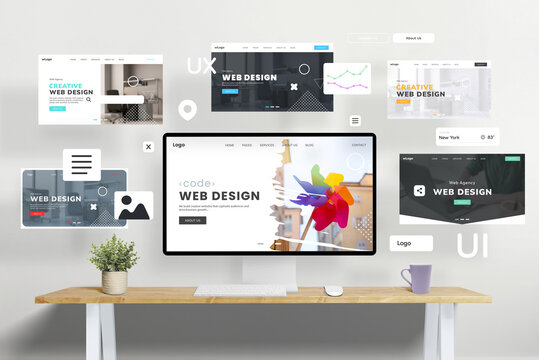Web design studio concept pages flying around with web page modules, showcasing the creative process of building and presenting a portfolio. Ideal image for digital marketing and design inspiration