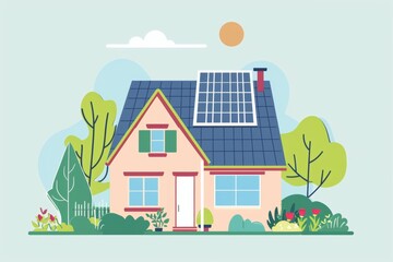 Naklejka premium Eco-friendly home with solar panels under sunny sky
