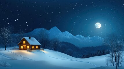 Snowy mountain cabin, winter landscape
