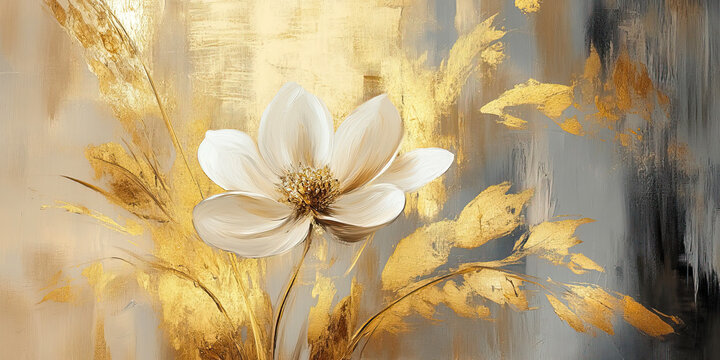 Oil painting of white flowers on beige background, soft palette knife strokes in neutral tones