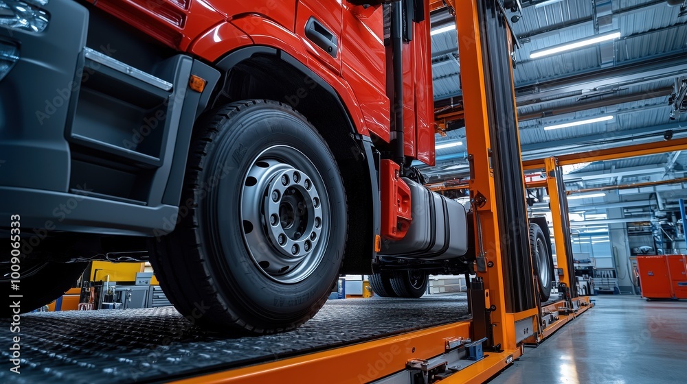 Wall mural lorry truck on lift in high-tech service center for maintenance and repair