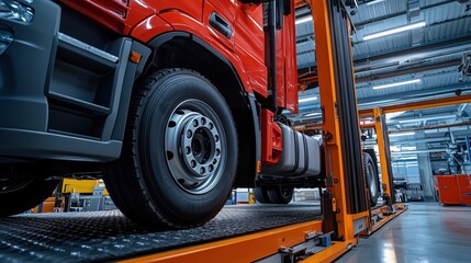 Lorry Truck on Lift in High-Tech Service Center for Maintenance and Repair