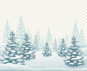 Winter landscape with falling snow, snowy hills, and fir trees. Isolated on a transparent background. Vector illustration.
