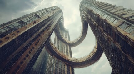 Fototapeta premium Gravity-defying skyscrapers curve and float in mid-air, their looping bridges twisting into seemingly impossible shapes.