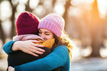 Obraz premium Two friends share a warm embrace in winter, highlighting the joy of friendship and connection amidst a snowy landscape.