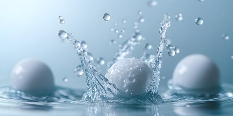 White spherical objects gently floating in water, creating droplets and bubbles. High-speed photography captures the ethereal atmosphere in a minimalist aesthetic.