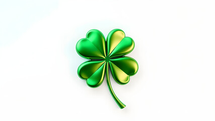 Fototapeta premium Green Metallic 3D image of 3D green clover leaf on white background. Generative AI