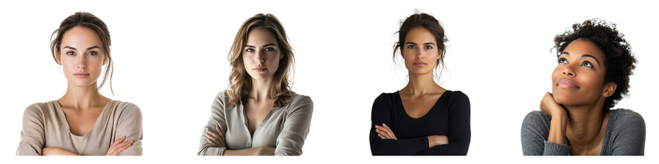 A woman with a focused gaze, arms crossed confidently. isolated on transparency background