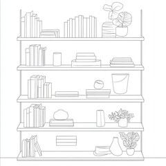A minimalist bookshelf illustration featuring books and plants.