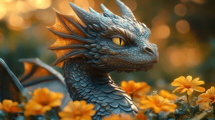 majestic dragon statue intertwined with vibrant yellow flowers bathed in warm sunlight creating a whimsical atmosphere soft shadows enhance the scene evoking a sense of ancient magic