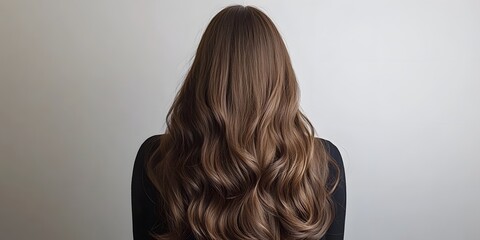 Fototapeta premium A woman with long wavy brunette hair is captured from behind, showcasing luxurious curls. The soft lighting against a pure white background emphasizes her high-end beauty aesthetic. 