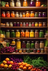 colorful food pantry shelves abundant fresh produce including organic staples well organized display, apples, bananas, berries, broccoli, carrots