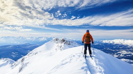 A skier standing at the top of a snow-covered mountain, looking out over a breathtaking winter landscape before starting their descent.