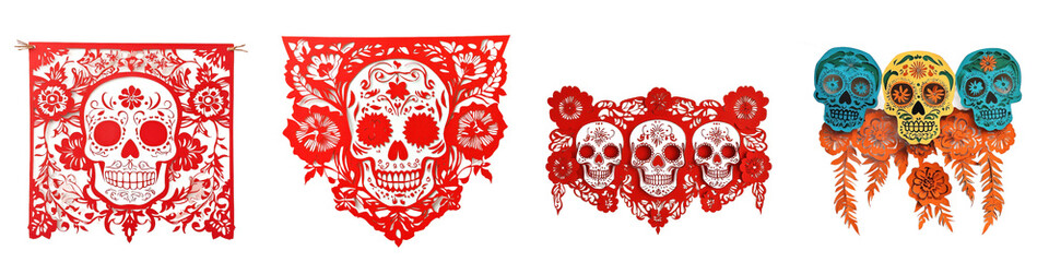 Fototapeta premium A decorative papel picado (cut paper banner) with skull and floral designs, isolated on a transparency background