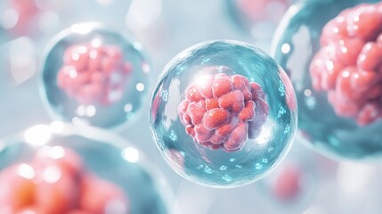 Every cell contains red and pink human cells inside a blue bubble, isolated on a light background.