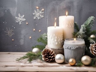 Merry Christmas greeting card: wooden grey shabby chic background with candles. Generated with AI.